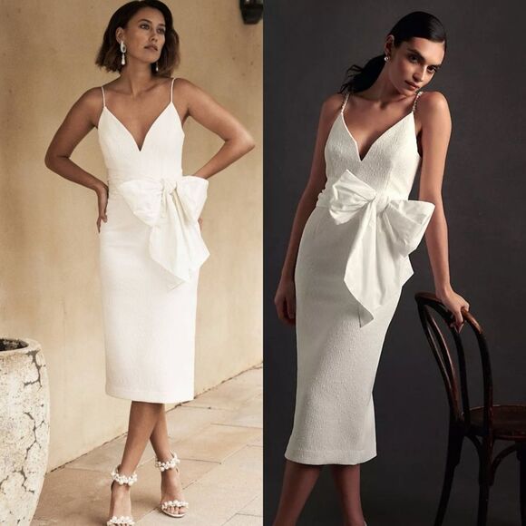 Rebecca Vallance Genevieve Bow V Neck Midi Sheath Dress Ivory Wedding 4 Bridal - Picture 1 of 10